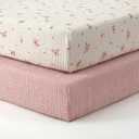 Blissful Diary Muslin Crib Sheets for Girl Boy, Boho Neutral Soft Cotton Baby Sheet for 52''x28'' Standard Crib Mattress, 2 Pack(Pink Floral&Light Pink)