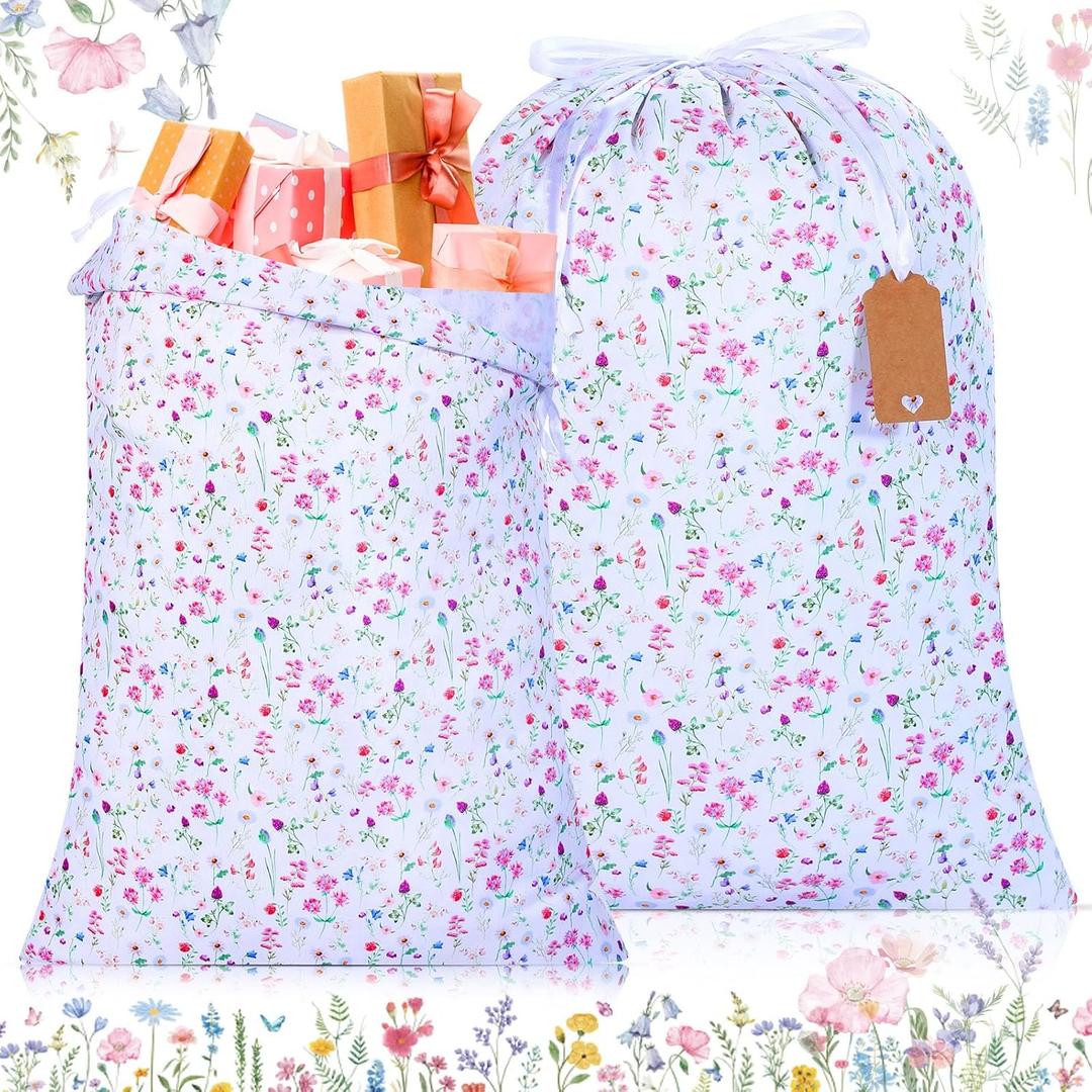 Capoda 2 Pcs Extra Large Baby Shower Drawstring Bags 20 x 28 Inch Wildflower Wrapping Bags Reusable Fabric Flower Gift Pouches for Birthday Baby Shower Gender Reveal Gift Wrapping Supplies Decoration