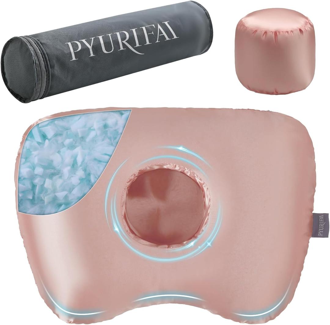 Piercing Pillow - Ear Piercing Pillow with Foam Plug, Adjust Shredded Memory Foam Picrcing Pillow for Side Sleepers, Donut Piliow for Ear with 4x4''Hole, Ergonomic Curved Design, Satin Pink