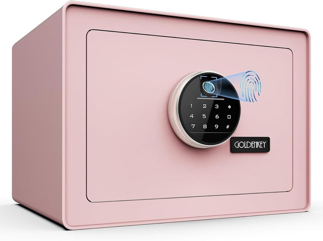 Goldenkey Luxury Jewelry Safe with Fingerprint&Keypad Lock, Document Safe Box with Soft Velvet Lining, Removable Shelf, High Security for Home Office, Hotel, 1.2 Cu.Ft./ Pink