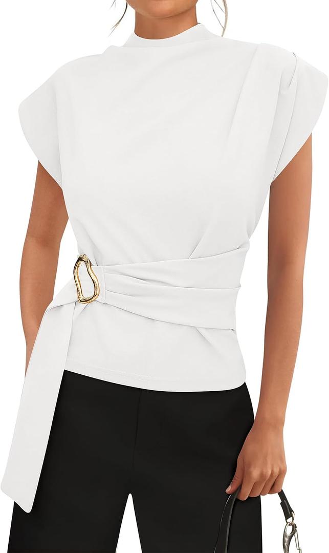 PRETTYGARDEN Women Blouses Spring Dressy Cap Sleeve Mock Neck Work Shirts Buckle Tunic Summer Business Casual Tops 2026(White,Small)
