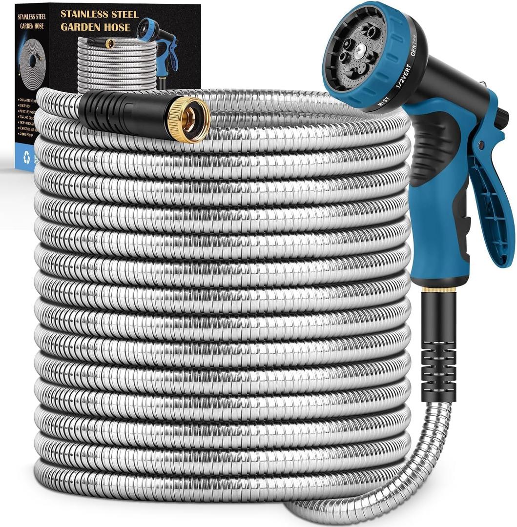 Garden Hose 40FT, Water Hose with 10 Function Nozzle, Garden Hose Metal with Leak-proof Connectors, Kink-Free & Ultra Flexible, Rust/Pet/Puncture Proof for Lawn, Yard, RV, Car Wash, 550PSI