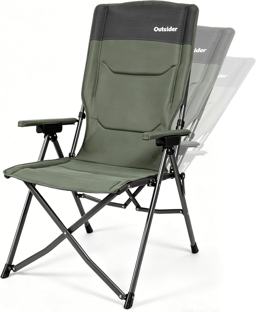 OUTSIDER Oversized 3-Position Camping Chair, Portable Folding Chair Heavy Duty for Adults Supports 400 LBS for Outdoor Camping Lawn, Backpacking, with High Back,Carry Backpack, Hook Ports, Green, Standard