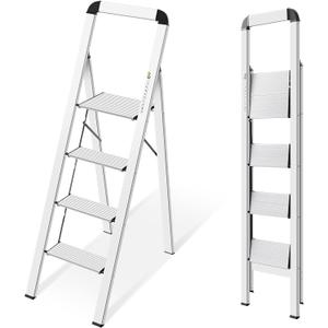 KINGRACK Aluminium 4 Step Ladder, Lightweight Step Stool with Non-Slip Pedals, Handrail, Foldable Step Ladder for Kitchen, Garage, Home, Space Saving, Sturdy and Portable, Silver