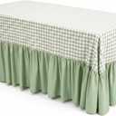 Sage Green Gingham Tablecloth with Ruffle Table Skirt for Seat 8-10, 132 x 90'' Fabric Plaid Checkered Scalloped Tablecover, Rectangle Picnic Party Decor Tablecloth for Wedding, 11.8" x 10.2"
