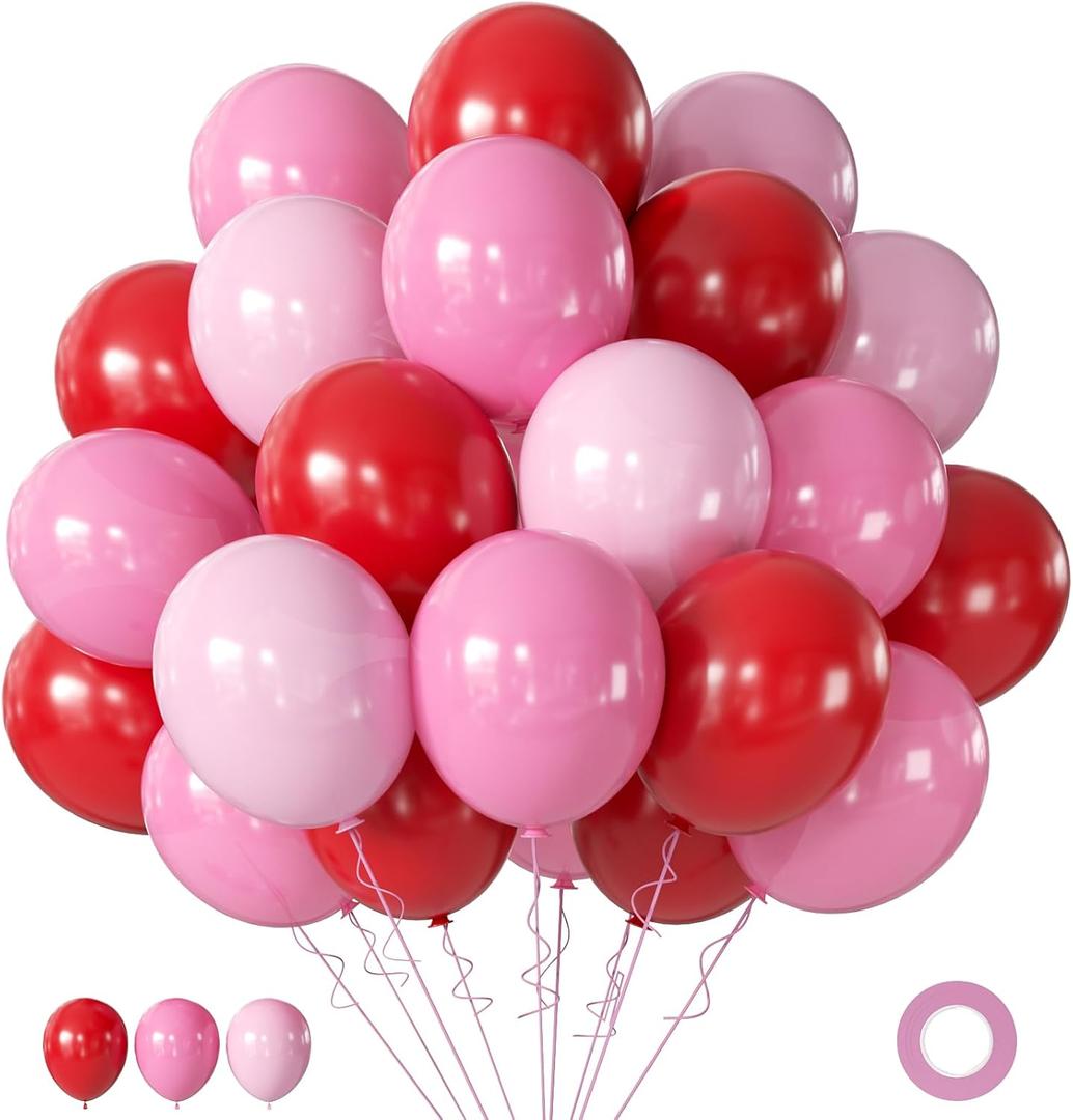 Pink Red Balloons Valentines Balloons 60pcs 12 Inch Red and Pink Latex Balloon for Birthday Valentines Bridal Shower Anniversary Party Decorations