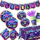 142Pcs Video Game 10th Birthday Party Decorations Neon Level 10 Birthday Decorations Plates Napkins Cups Banner Tablecloth for Boys 10th Party Supplies