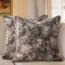 Pack of 2 Vintage Floral Throw Pillow Covers 18x18 Tapestry Chenille Soft Decorative Farmhouse Square Accent Pillow Cases for Couch Bedroom Living Room Home Decor, Grey