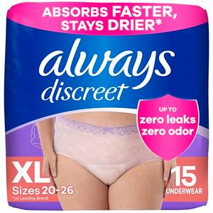 Always Discreet Adult Incontinence Underwear for Women and Postpartum Underwear, Extra Large, Up to 100% Bladder Leak Protection, 15 Count