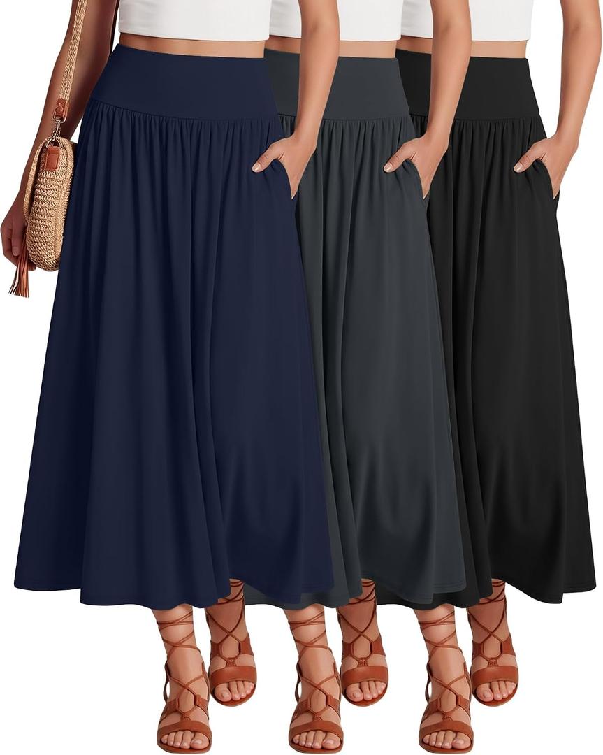 Ficerd 3 Pack Maxi Long Skirts for Women, Ankle Length High Waisted Pleated Flowy a Line Summer Casual Skirts with Pockets(Black, Dark Gray, Navy Blue,Large)