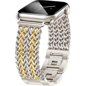 JR.DM Starlight Gold Bracelet Band for Women Compatible with Apple Watch 38mm 40mm 41mm 42mm (S10/11) Designer Stainless Steel Metal Chain Dressy Strap for iWatch Series 11/10/9/8/7/6/5/4/SE/3/2/1