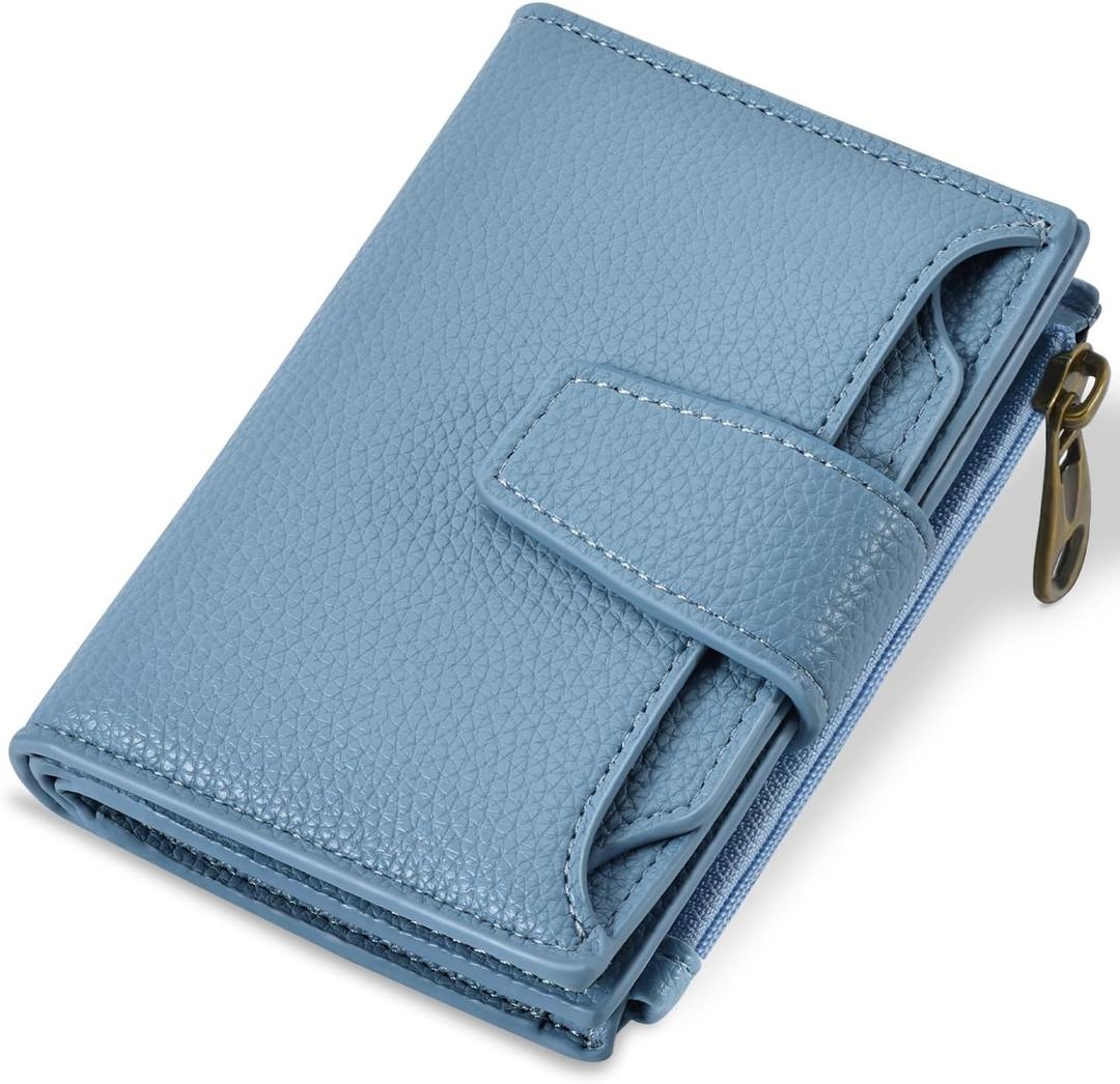 Small Wallet Women RFID Blocking Soft Leather Bifold Compact Card Holder Wallet for Women with Zipper Coin Pocket 4 ID Window (Blue)