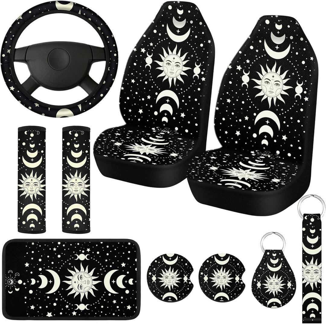 10 Pcs Moon Star Car Seat Covers Full Set Car Accessories for Women Front Seat Cover Steering Wheel Armrest Cover Belt Cover Cup Holder for Auto SUV Interior Decoration(Witch)