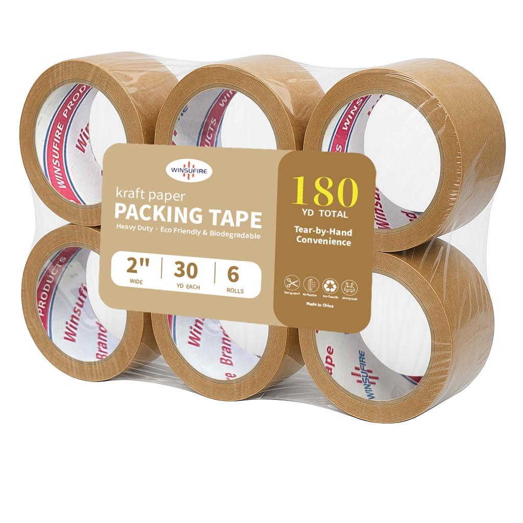 Eco-Friendly Brown Kraft Paper Packing Tape,Heavy Duty Packaging can Biodegradable, Pray Panting,Sealing,Writable and Easier Tear by Hands, 2 Inch x 30 Yards, 6 Rolls,Total 180 Yards