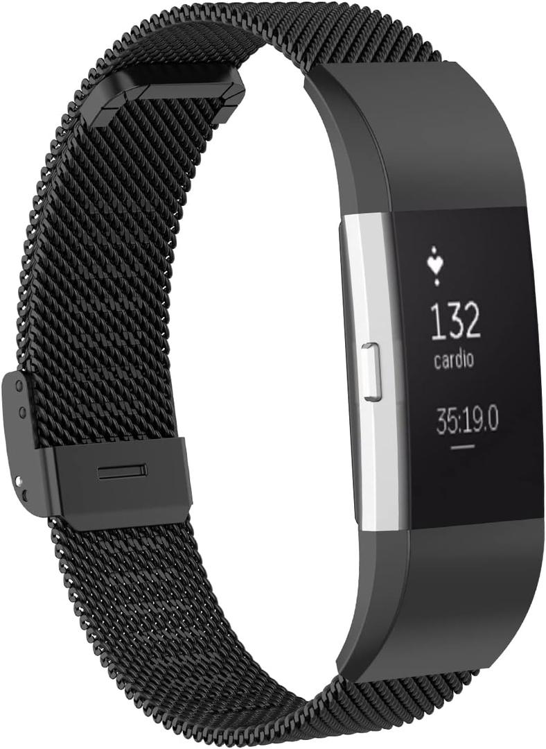 Metal Band Compatible with Fitbit Charge 2 / Charge 2 HR Mesh Woven Stainless Steel Smartwatch Wristbands Replacement Strap (Black)