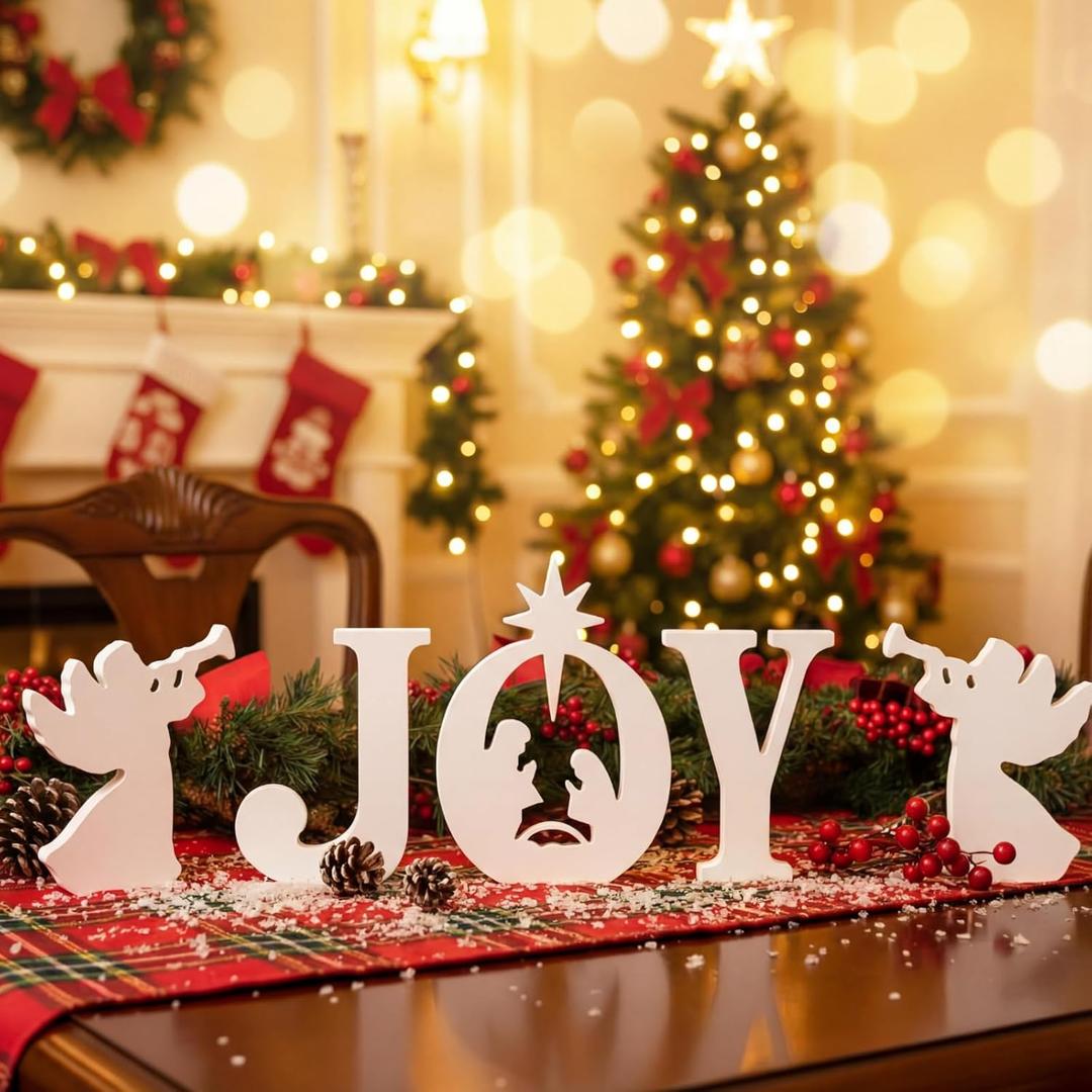 Amyhill 5 Pcs Christmas Nativity Table Decor 7.1 Inch White Large Wooden Joy Nativity Scenes Christmas Home Indoor Tabletop Decorations