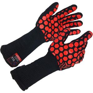 J H Heat Resistant Oven Glove:EN407 Certified 932 F, 2 Layers Silicone Coating, Oven Mitts for Cooking, Kitchen, Fireplace,Camping, Grilling (Black/Red, Extra Long Cuff)