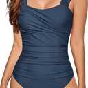 One Piece Bathing Suit for Women Tummy Control Swimsuits Square Neck Ruched Modest Swimwear (Large, Navy)