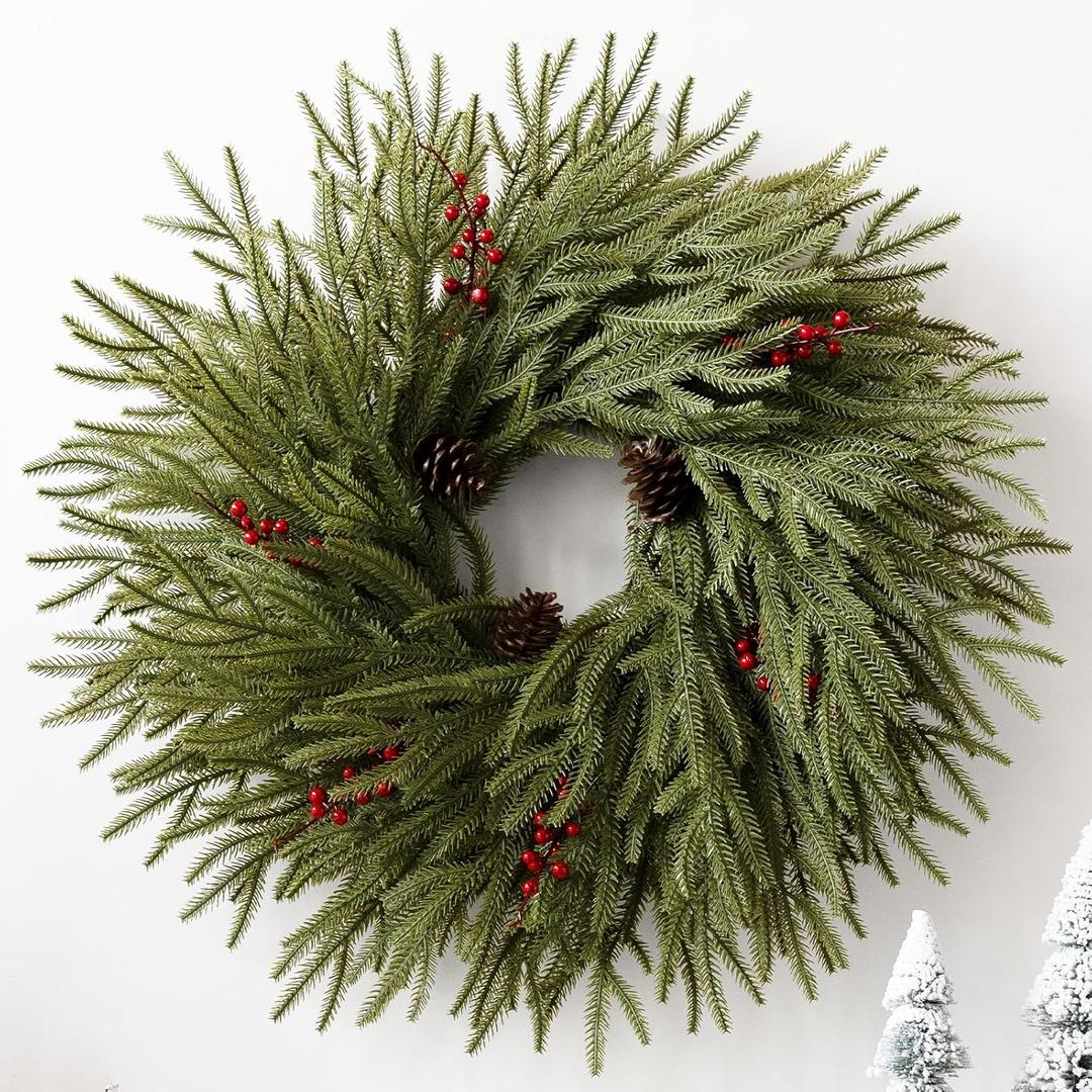 Artificial Christmas Wreaths for Front Door, 24" Large Winter Pine Wreath with Red Berries Pine Cones, DIY Friendly Real Touch Door Wreath for Wall Window Porch Farmhouse, Indoor Outdoor Xmas Decor