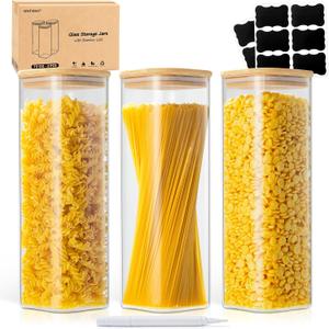 SENTVEND 73 Oz Glass Storage Jars with Bamboo Lids - 3 Pack Clear Glass Canisters Square Airtight Stackable Ideal for Pantry Storage Containers Great for Storing Oats Coffee Beans Pasta Flour Rice etc