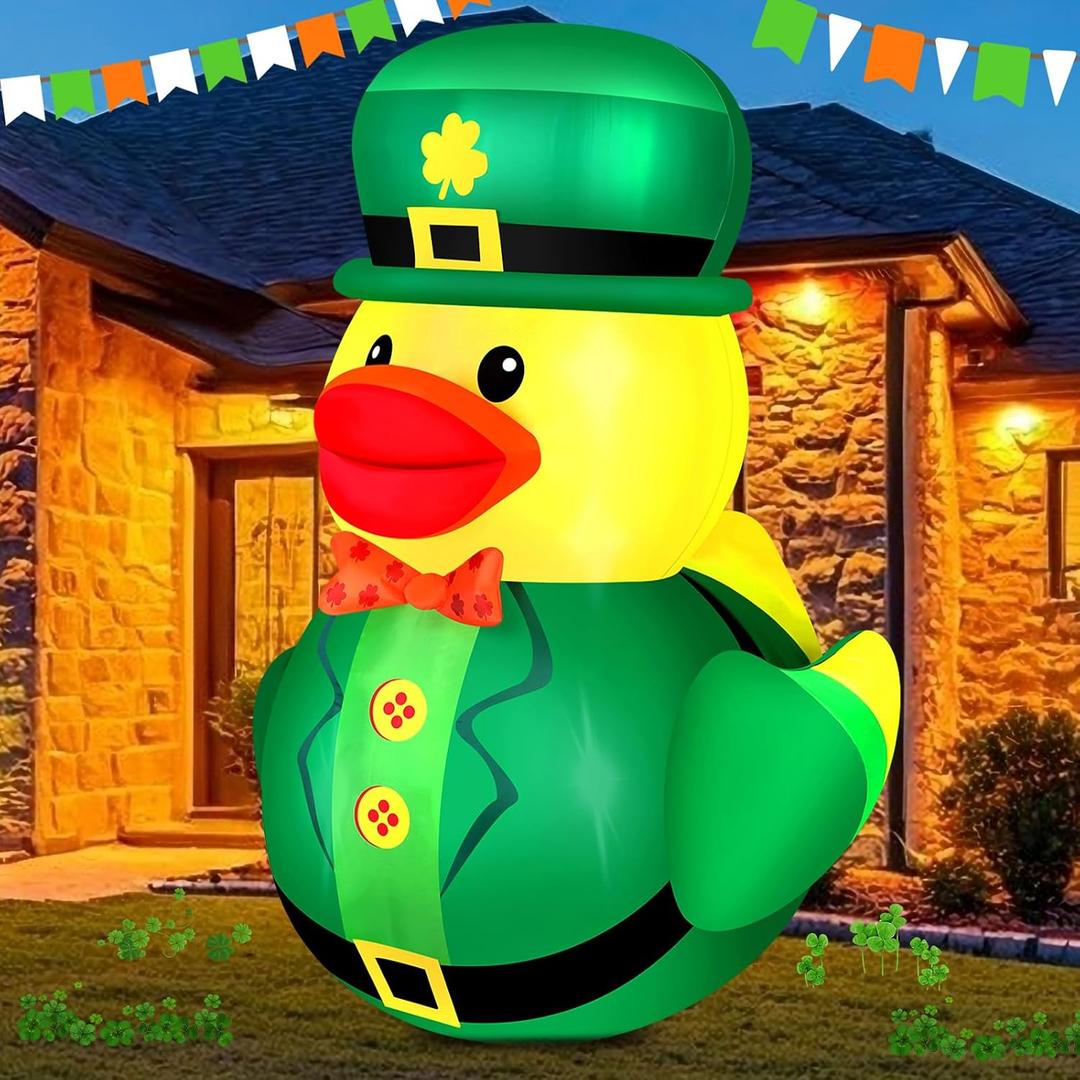 Leyndo 5FT St. Patrick's Day Giant Inflatable Duck Decoration Outdoor with Build-in LEDs Lights Blow Up Leprechaun Duck Wear Lucky Shamrocks Hat for Car Parade Mall Garden Patio Lawn Indoor Party