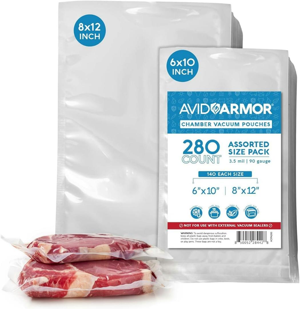 Avid Armor Chamber Vacuum Sealer Bags – 6x10" & 8x12" – 280 Pack – Heavy Duty Commercial Grade, BPA-Free Pouches for Sous Vide, Food Preservation, Meat Storage, Freezing, and Long-Term Storage