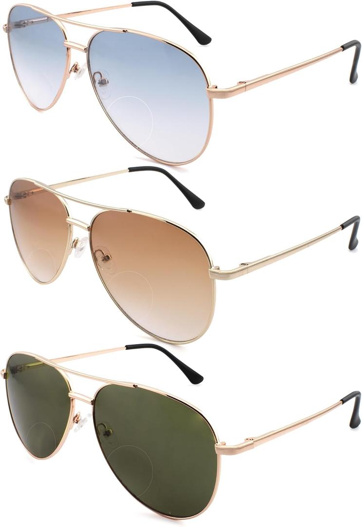 3 Pack Bifocal Reading Sunglasses for Women Men, Aviator Sun Readers Glasses Gradient Lens Shades UV400 +1.50