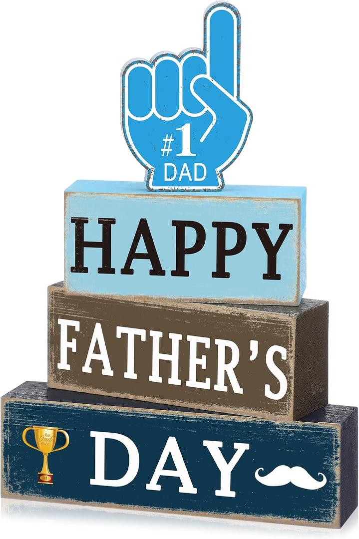Thyle 4 Pcs Father's Day Decorations Wooden Tiered Tray Decor Happy Father's Day Table Centerpieces Blue Best Dad Ever Trophy Table Decor Eve Wood Block for Birthday Holiday Shelf Gifts
