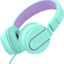 Kids Headphones, AILIHEN I35 On-Ear Headphones for School, 93dB HD Mic Stereo Headphone for Kid Girls Children, Foldable Wired 3.5mm for Chromebook, Laptop, Computer, Tablet (Green Purple)