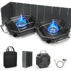 Camping Stove Propane, 2 Burner Camp Stove, 20,000 BTU Propane Camping Stoves, Portable Gas Stove with Windscreen, Storage Bag, Regulator for Picnic, BBQ, Tailgating