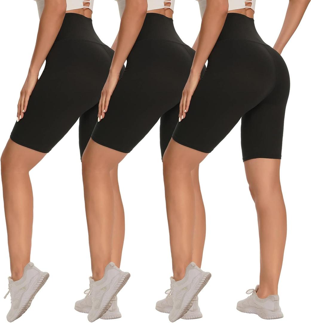 3 Pack Biker Shorts for Women  8"/5"/3" High Waisted Tummy Control Workout Yoga Running Athletic Shorts (Large-X-Large, Black/Black/Black)