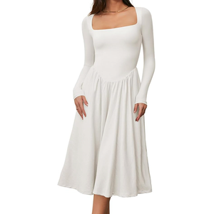 CHYRII Women Spring Fashion 2025 Square Neck Long Sleeve Casual A-Line Midi Dress, Size 2XL