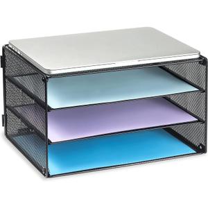 DALTACK 3 Tier Letter Tray Paper Organizer for Desk, Mesh Metal Desk File Organizer with Sliding Trays for Letter/A4 Paper, Mail, Bills & Folders, Black