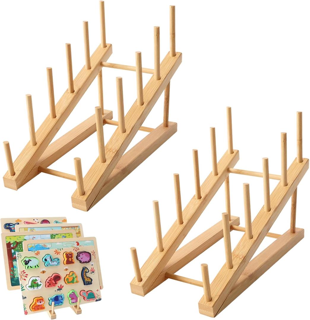 2-Piece Wooden Puzzle Storage Rack, Holder for Easel Board, Adult Puzzles Organizer Shelf