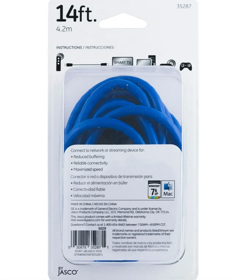 GE Pro 14ft Cat6 Ethernet Internet Cable, Blue