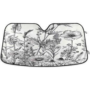 Black and White Flowers Windshield Sun Shade - Foldable Car Front Window Sunshades for Most Sedans SUV Truck - Blocks UV Rays and Keeps Your Vehicle Cool