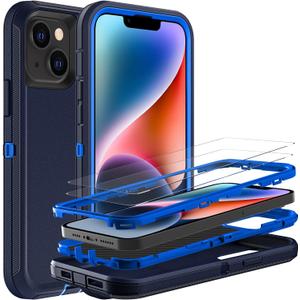for iPhone 14 Plus Case, Military Grade 3 in 1 Heavy Duty Shockproof/Drop Proof/Dust Proof Case with 2Pcs Tempered Glass Screen Protector (Navy Blue)