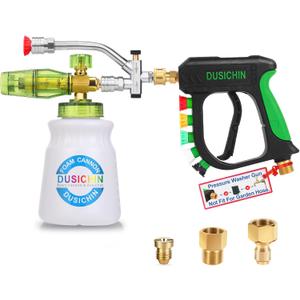DUSICHIN Short Pressure Washer Gun with Foam Cannon,Dual Connector Accessory, Car Wash Foam Cannon Kit 1/4 Inch Quick Connector, 5 Pressure Washer Nozzle Tips,Double Tip Attachment For Soap Cannon
