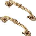 2 Pack Antique Brass Cabinet Handles 3.75 inch French Provincial Drawer Pulls Vintage Cabinet Hardware Floral Drawer Pull Solid Brass Antique Gold Handles for Dresser- Gold with Red (3-3/4" Hole Center)