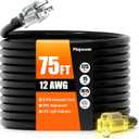 Outdoor Extension Cord 75 FT Waterproof, 12/3 Gauge Heavy Duty 3 Prong Power Cord with Lighted Indicator End, 15A 125V 1875W SJTW, ETL Listed, Great for Lawn/Garden/Home(Black)