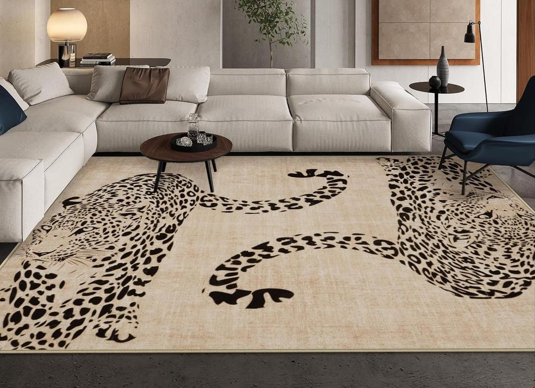OJIA Leopard Print Rugs for Living Room Beige 8x10 Rug Washable Area Rugs for Bedroom, Modern Non-Slip Ultra-Thin Soft Large Carpet Non-Shedding Nursery Rug for Kids Playroom Dining Room Home Decor (Natural)