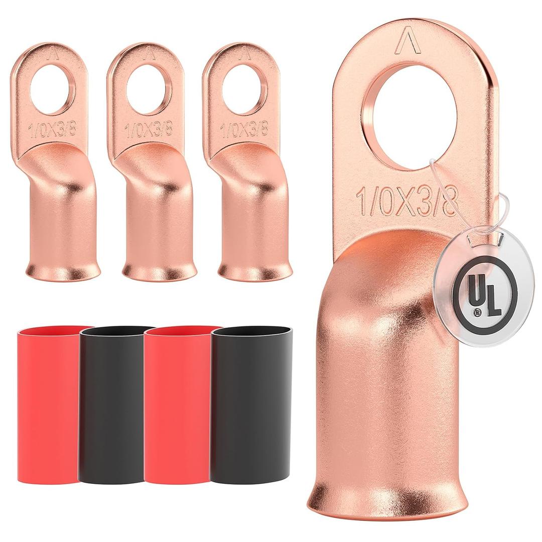 AIRIC UL Listed 1/0 AWG - 3/8" Battery Cable Lugs, Heat Shrink Ring Terminals End, Copper Cable Ends, Wiring Connector Terminal, Electrical Crimp Connectors, Wire Lug for 1/0 Gauge Wires, 4 PCS