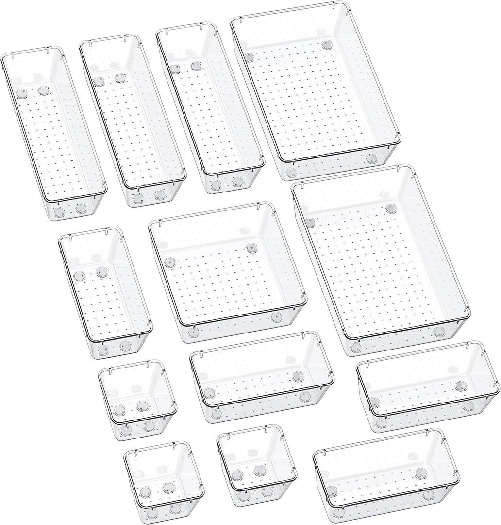 SMARTAKE 13-Piece Drawer Organizers with Non-Slip Silicone Pads, 5-Size Desk Bathroom Drawer Organizer Trays Storage Tray for Makeup, Jewelries, Utensils in Bedroom Dresser, Office and Kitchen, Clear