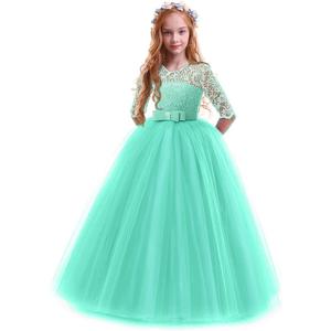Girls Flower Vintage Floral Lace 3/4 Sleeves Floor Length Dress Wedding Party Evening Formal Pegeant Dance Gown 9-10Y