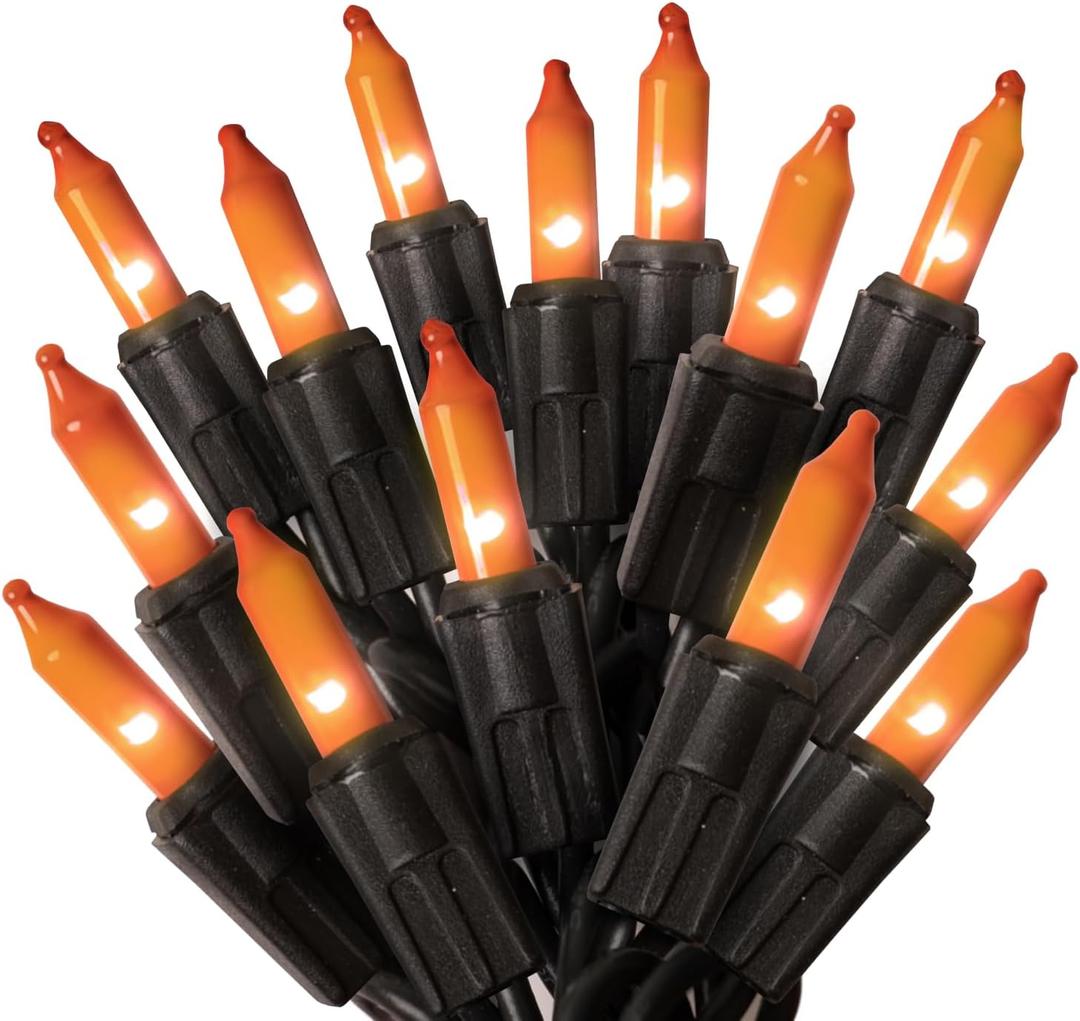 PREXTEX Halloween Lights (20 Feet, 100 Bulbs) - Halloween Party Decorations and Christmas Lights with Black Wire - Holiday Decorations Indoor or Outdoor Incandescent String Light - Orange