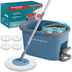 SONGMICS Spin Mop and Bucket Set with Pedal Wringer, Floor Cleaning Mop, Adjustable Telescopic Handle, Max. 59.1-Inch Length, 360 Rotating Head, 4 Microfiber Pads, Blue and Gray ULMB002QT04