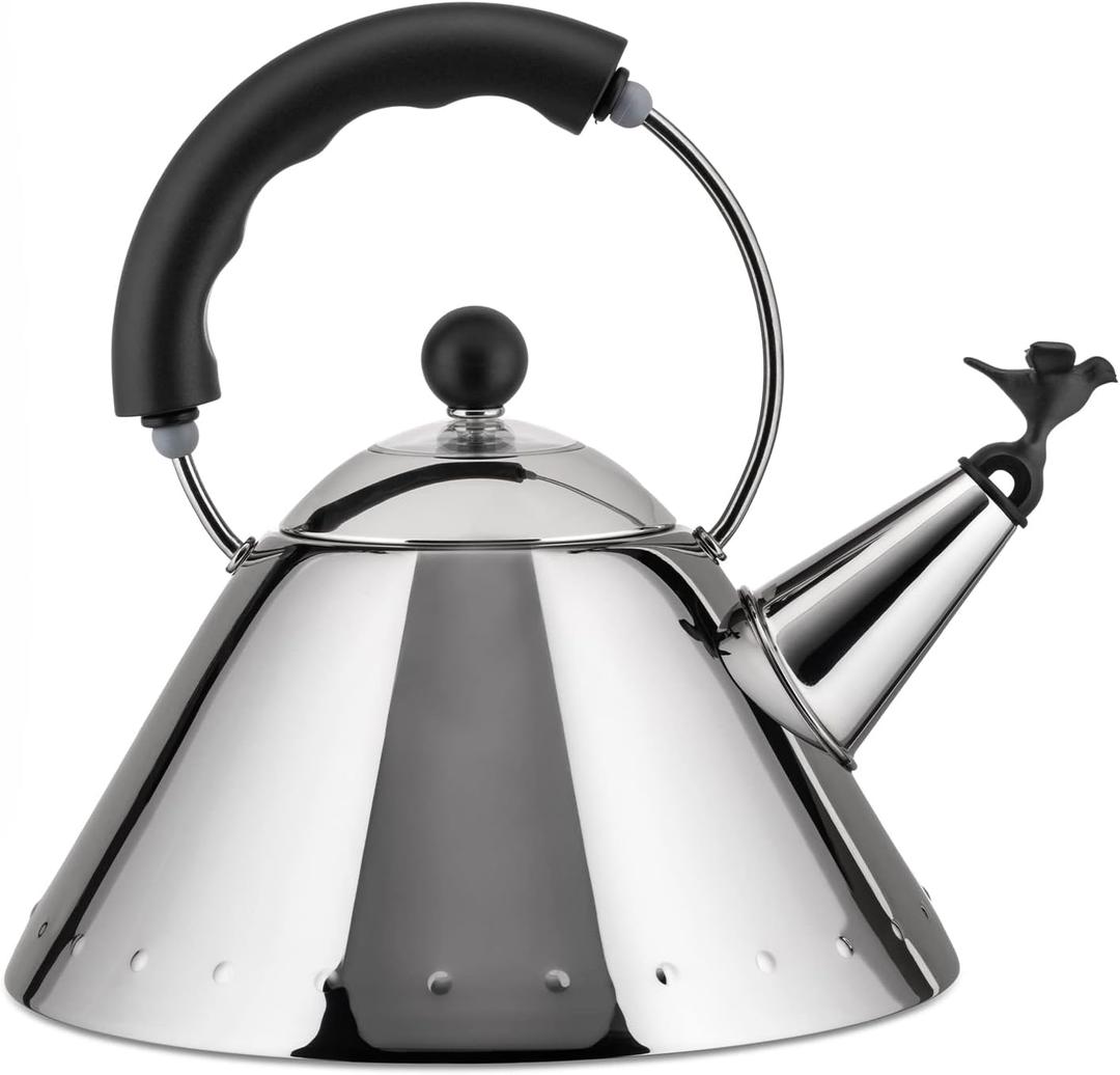 Alessi 9093 B - Design Kettle with Handle and Bird-Shaped Whistle, Stainless Steel and PA, Black (2.1 Quarts)