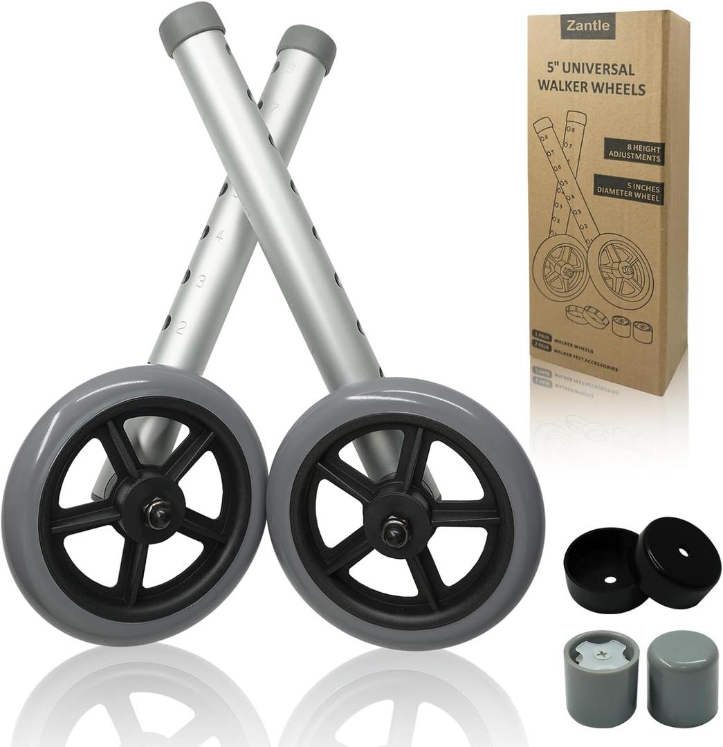 Universal Walker Wheels Replacement - 5 Inch, Wheels for Walkers for Seniors 1 Pair, Walker Feet Accessories (Grey)