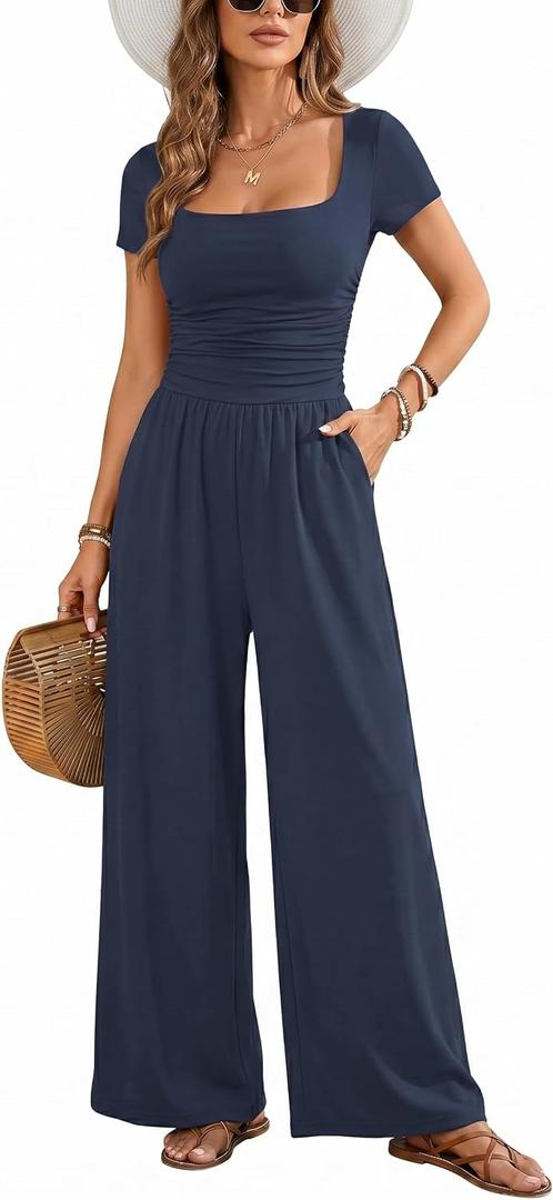 Acelitt One Piece Jumpsuits for Women Dressy Casual Short Sleeve Squared Neck Wide Leg Rompers Jumpers Vacation Outfits (Medium, Blue)
