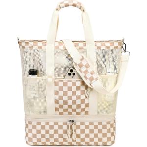 Bluboon Mesh Beach Tote Bag with Cooler Compartment Insulated Detachable Picnic Bag with Zipper and Pocket Pool Bag for Women (A-brown White Grid)